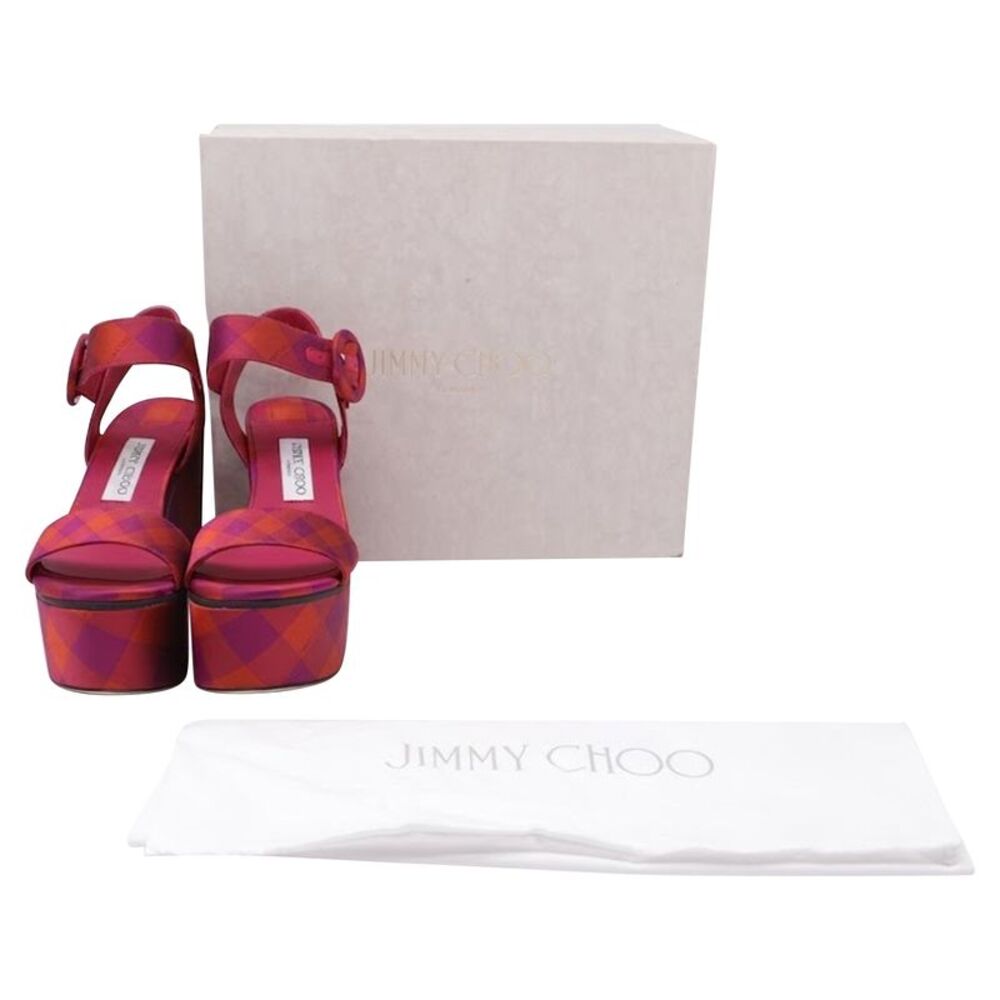 Jimmy Choo Check Wedge Sandals in Pink Cotton - Picture 6 of 9